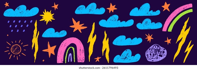 Crayon cloud texture with sky, star and lightning. Crayon kid scribble naive design. Blue cloud, lightning and star with chalk texture. Vector illustration