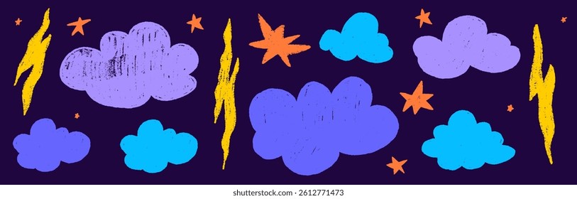 Crayon cloud texture with sky, star and lightning. Crayon kid scribble naive design. Blue cloud, yellow lightning and orange star with chalk texture. Vector illustration