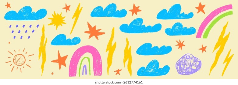 Crayon cloud texture with sky, star and lightning. Crayon kid scribble naive design. Blue cloud, lightning and star with chalk texture. Vector illustration