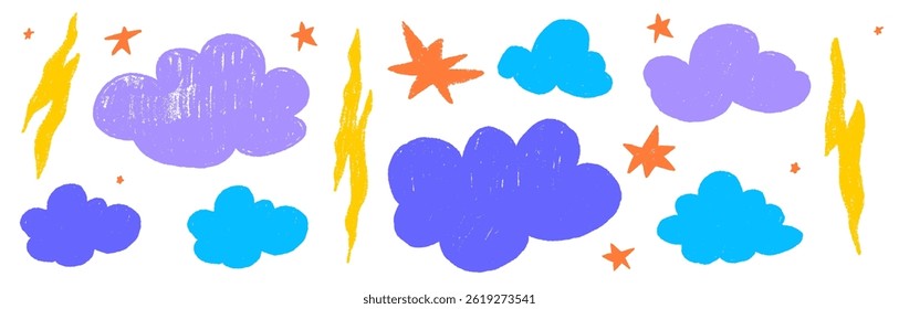 Crayon cloud texture with sky, star and lightning. Crayon kid scribble naive design. Blue cloud, yellow lightning and orange star with chalk texture. Vector illustration