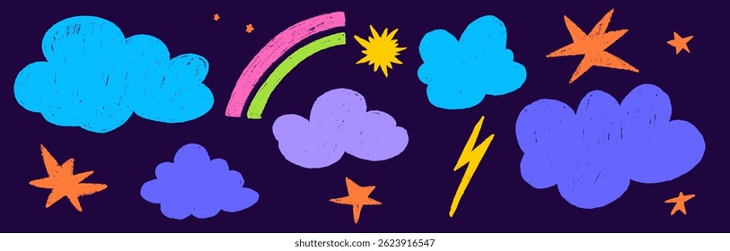 Crayon cloud texture with sky, star and lightning. Crayon kid scribble naive design. Blue cloud, yellow lightning and orange star with chalk texture. Vector illustration