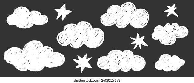 Crayon cloud texture with white sky and star. Crayon kid scribble naive design. White cloud with chalk texture. Vector illustration