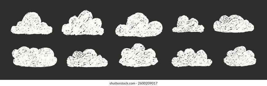 Crayon Clouds Bubbles Vector Set. Chalk Scribble Foggy Shapes Collection. Black Hand Drawn Brush Texture Dialogue Frames. Pencil Emphasis Elements Charcoal Doodle Sky Balloons Bundle