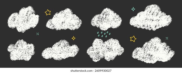 Crayon Clouds Bubbles Vector Set. Chalk Scribble Foggy Shapes Collection. Black Hand Drawn Brush Texture Star, Cloud, Rain Pencil Emphasis Elements. Charcoal Doodle Sky Balloons Bundle. Isolated