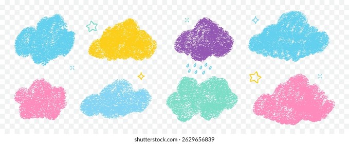 Crayon Clouds Bubbles Vector Set. Chalk Scribble Foggy Shapes Collection. Black Hand Drawn Brush Texture Star, Cloud, Rain Pencil Emphasis Elements. Charcoal Doodle Sky Balloons Bundle. Isolated
