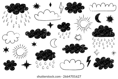 Nubes de crayón. Crayón de tiza infantil nubes, sol y estrellas. Ingenuas nubes de garabatos infantiles. Textura garabateada a lápiz.