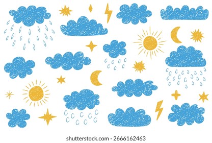 Buntstifte. Pastellfarbener Buntstift, kindische Kreidewolken, Sonne und Sterne. Naive kindische Doodle-Wolken. Textur mit Bleistift-Kritzelung.