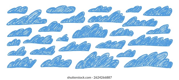 Crayon clouds set. Naive hand drawn sky pack. Kids chalk textured elements. Pastel scribble cloudy weather speech bubbles. Vector pencil drawn collection illustration isolated on white background.
