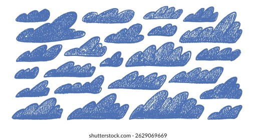Crayon clouds set. Naive hand drawn sky pack. Kids chalk textured elements. Pastel scribble cloudy weather speech bubbles. Vector blue wax pencil drawing illustration on white background.