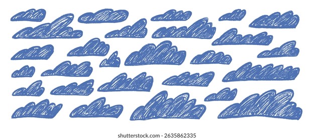 Crayon clouds set. Naive hand drawn sky pack. Kids chalk textured elements. Pastel scribble cloudy weather speech bubbles. Vector blue wax pencil drawing illustration on white background.