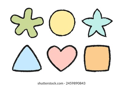 Crayon color kids geometric shapes. Chalk square, triangle, star, circle, heart. Handwriting vector figures. Best for children theme, poster, texture