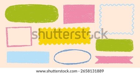 Crayon color pastel shape set. Hand drawn kid color frame, round banner, square stamp with chalk pencil texture decoration. Cute childish paint circler, square crayon shapes. Vector illustration