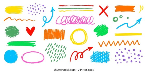 Crayon color pencil texture brush stroke element. Children crayon color brush stroke texture arrow, circle, underline shape. Hand drawn childish chalk pencil scribble. Vector illustration.