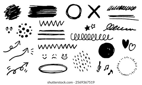 Crayon color pencil texture brush stroke element. Children crayon color brush stroke texture arrow, circle, underline shape. Hand drawn childish chalk pencil scribble. Vector illustration.
