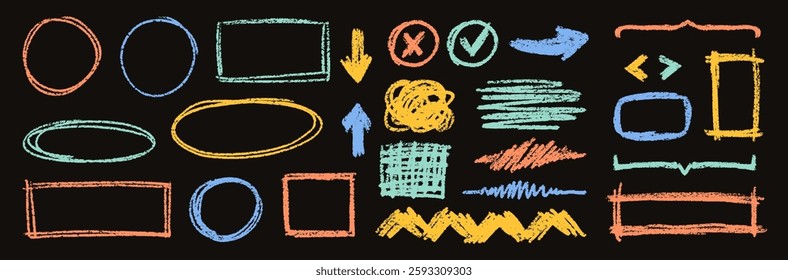 Crayon Color Squiggles Frames Vector Set. Chalk Scribble Underline Shapes Collection. Colorful Hand Drawn Brush Texture Highlight Squiggle. Pencil Emphasis Elements Charcoal Doodle Dividers Bundle