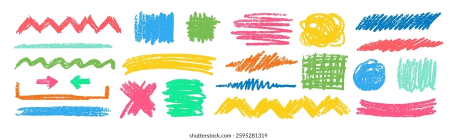Crayon Color Squiggles Frames Vector Set. Chalk Scribble Underline Shapes Collection. Colorful Hand Drawn Brush Texture Highlight Squiggle. Pencil Emphasis Elements Charcoal Doodle Dividers Bundle