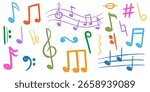 Crayon colored music notes set. Chalk doodle musical symbols collection. Kids pencil textured symbols. Charcoal brush scribbled music signs bundle. Sound elements. Hand drawn vector illustration  