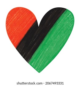 Crayon colored pencil hand drawn grunge textured heart in colors  Pan African flag - red, black, green. African American flag, Black Liberation flag for Kwanzaa, Juneteenth, Black History month design