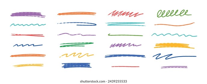 Crayon colored scribbles collection. Hand drawn vector lines. Grunge texture charcoal or chalk drawing. Rough crayon strokes.