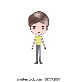 crayon colored silhouette of guy standing caricature with short light brown hair and mushroom haircut with formal clothes vector illustration