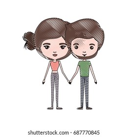 crayon colored silhouette of slim couple standing caricature and both with brown hair and pants and her with bun hair and him with beard vector illustration