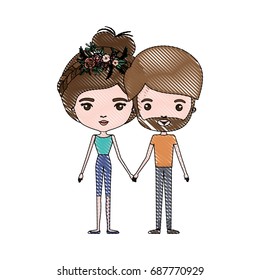 crayon colored silhouette of slim couple standing caricature and both with brown hair and pants and her with collected hair and floral crown and him with beard vector illustration