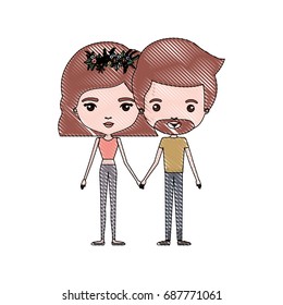 crayon colored silhouette of slim couple standing caricature and both with pants and light brown hair and her with short hair and floral crown and him with van dyke beard vector illustration