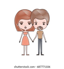 crayon colored silhouette of slim couple standing caricature and him with short light brown hair and van dyke beard and her with skirt and mushroom hairstyle vector illustration