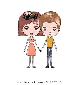 crayon colored silhouette of slim couple standing caricature and him with short light brown hair and her with dress and short hairstyle and floral crown accesory vector illustration