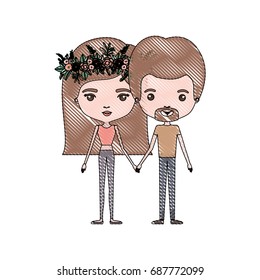 crayon colored silhouette of slim couple standing caricature and both with brown hair and pants and her with medium straight hair and floral crown accesory and him with van dyke beard vector