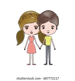 crayon colored silhouette of slim couple standing caricature and her with dress and blond pigtails hair and him with brown hair vector illustration