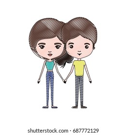 crayon colored silhouette of slim couple standing caricature and both with brown hair and pants and her with collected hair vector illustration