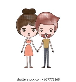 crayon colored silhouette of slim couple standing caricature and him with short light brown hair and beard and her with dress and bun hairstyle vector illustration