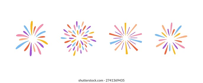 Crayon colorful fireworks set. Hand drawn sketches of whimsical sparkles, firecracker, confetti, magical bursts. Childish chalk or pencil drawings for birthday, party, carnival. Vector illustration