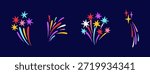 Crayon colorful fireworks set. Handdrawn sketches of sparkles, firecracker, confetti. Pencil or chalk drawing. Cute childish party mood doodles. For birthday, carnival, holiday design. Vector, dark bg