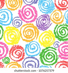 Crayon Colorful Hand Drawing Spiral Helix Circles Pattern. Like Kid's Drawing Of Multicolor Funny Round Elements. Wax, Pastel Chalk Or Pencil Seamless Vector Childlike Background.