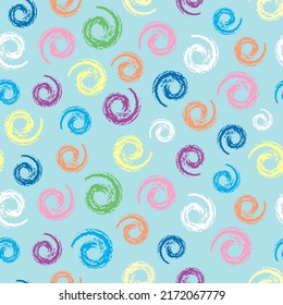 Crayon colorful hand drawing spiral helix circles pattern. Like kid's drawing of multicolor funny round elements. Wax, pastel chalk or pencil seamless vector childlike pastel color background.