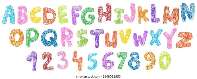Crayon colorido crianças alfabeto, rabiscar fonte divertida engraçada. Números datilografados de criança desenhados à mão. Cera de cera de escola creiom abc bonito cretino manuscrito letras divertidas, dígitos. Fonte para lápis-filho.