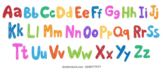 Crayon colorido crianças alfabeto, rabiscar fonte divertida engraçada. Números datilografados de criança desenhados à mão. Cera de cera de escola creiom abc bonito cretino manuscrito letras divertidas, dígitos. Fonte para lápis-filho