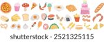 Crayon coloring pencil food set stickers, icon. Black line art, symbol, silhouette, crayon, pencil texture kid, childlike drawing, tempura, fish, ice cream, pizza, taco, burrito, boiled egg, fast food