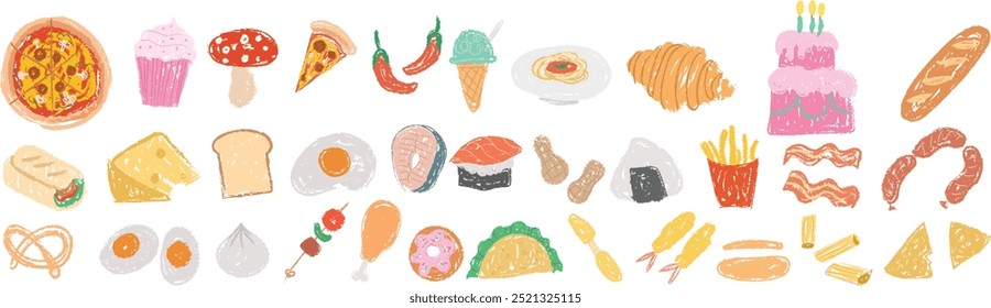 Crayon coloring pencil food set stickers, icon. Black line art, symbol, silhouette, crayon, pencil texture kid, childlike drawing, tempura, fish, ice cream, pizza, taco, burrito, boiled egg, fast food