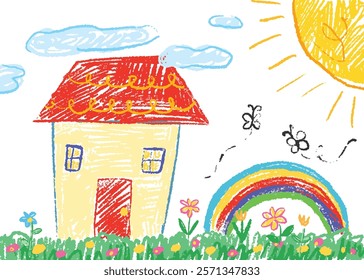 Crayon, coloring pencil kid art, painting, doodle, messy, wax, children, colorful, house, butterfly, iconic, theme, family, back to school, element, summer