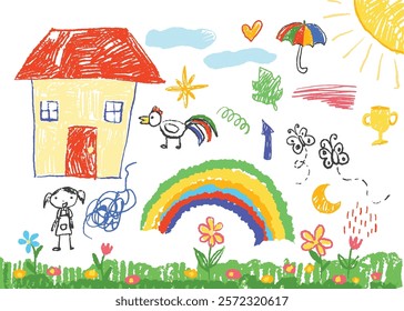 Crayon, coloring pencil kid art, painting, doodle, messy, wax, children, colorful, house, butterfly, iconic, theme, family, back to school, element, summer