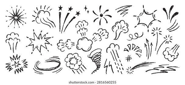 Crayon comic expressions. Pencil drawing stylish explosions, fod smoke steam effects. Isolated abstract elements, lines and stars, neoteric vector clipart