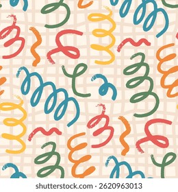 Crayon confetti seamless pattern. Hand drawn children picnic party endless background. Fun kids party repeat cover. Surface pattern design festive motif. Vector birthday illustration.