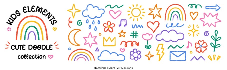 Crayon cute kids elements, chalk pencil preschool kindergarten doodle icons set. Hand drawn daycare and children drawings, childish scribble rainbow, stars, flower, crown in sketch style