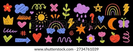 Crayon cute kids elements, chalk daycare and children drawings. Hand drawn pencil preschool kindergarten doodle icons set. Childish scribble rainbow, stars, flower, crown in sketch style