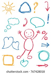 Crayon design element set and symbol like child's drawing funny art stroke doodle sketch style. Pencil or chalk like kids hand drawn vector man, heart, gift box, frame, numeral, bubble, banner, arrow
