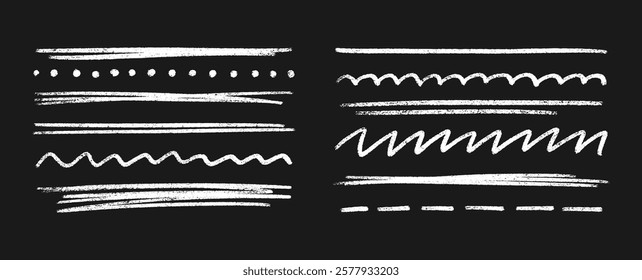 Crayon divider collection of white textured elements on dark background - straight lines, dots, dashes, wavy underlines with chalk effect. Hand drawn strokes in grunge style for content separation.