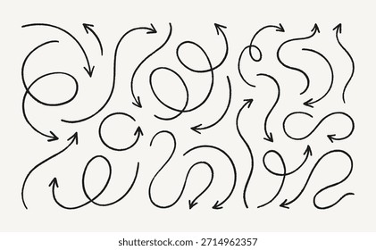 Conjunto de flechas de Doodle de crayón. Vector Dibujado a Mano Tiza Orgánica Ondulada, Curva, Círculo y Líneas Espirales en Color Negro. Elementos de carbón de garabato en estilo infantil.